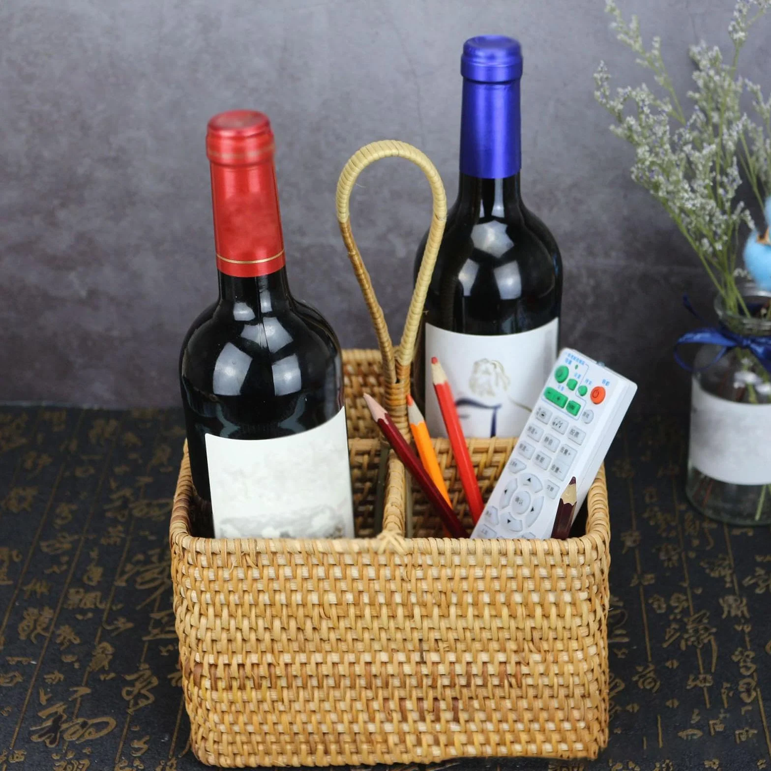 Porta Cubiertos Cesta Organizador Portátil Almacenaje para Utensilios de Mesa Rattan Natural Diseño Artesanal Adecuado para Cocina Camping Mesa Del Co , Cuadrado grande