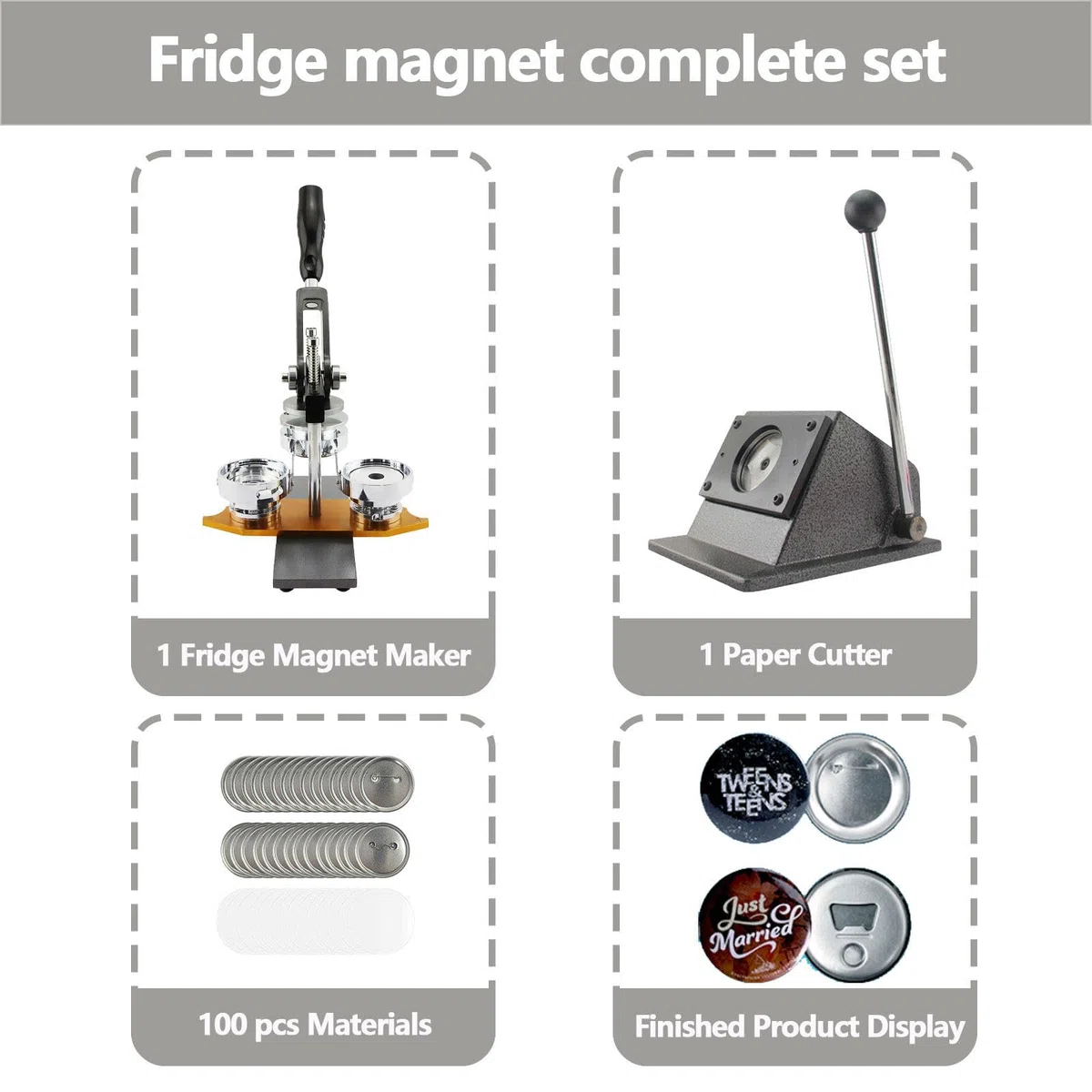 Máquina para hacer botones imantados redondos para nevera, máquina para hacer pines cuadrados metálicos para imanes de nevera, kits de prensa para chapas DIY con 100 sets de suministros. 58mm