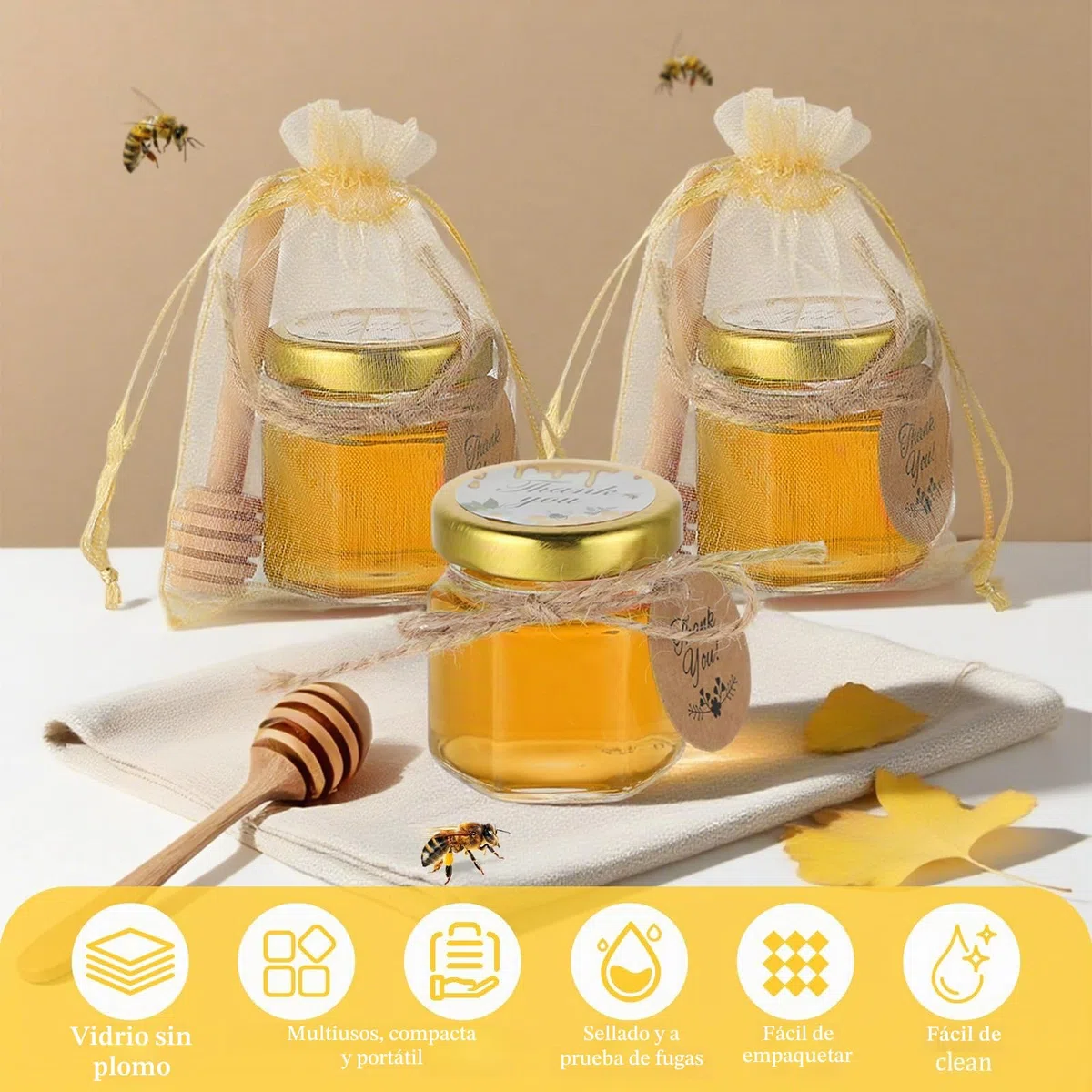 20 paquetes de latas de miel de vidrio de 45ml,Botecitos Para La Miel,con cucharas,colgantes de abejas,bolsas de regalo,tarjetas de agradecimiento,pegatinas,perfecto para baby shower,recuerdos de boda