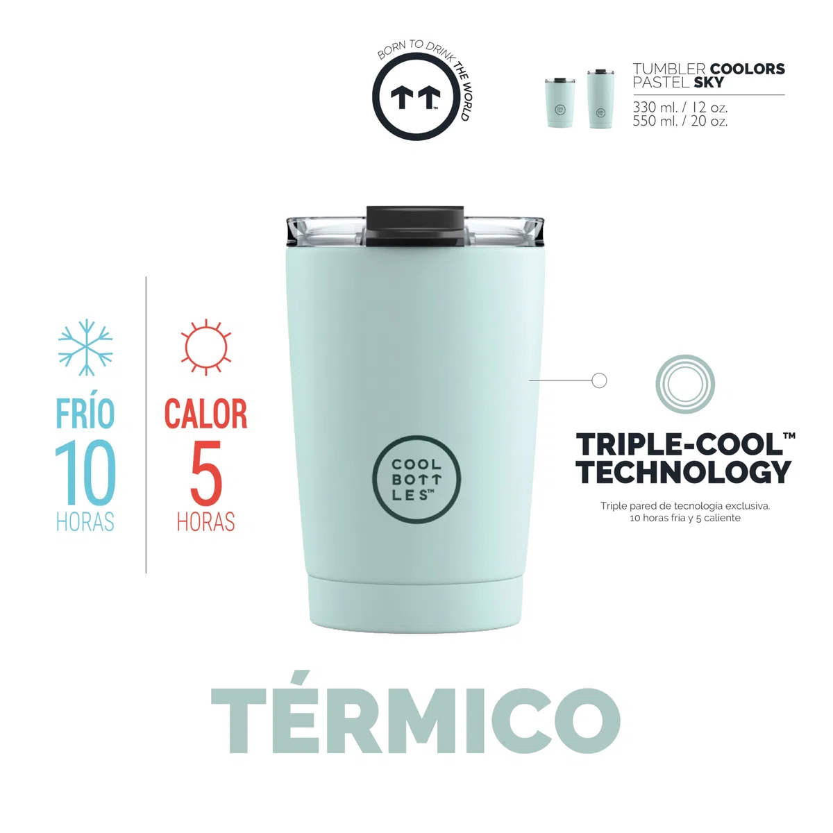 Cool Bottles - Vaso Térmico de Acero Inoxidable 330 ml - Pastel Sky - Tapa Hermética - Vaso para Café - Bebidas Frías 10 horas y Calientes 5 horas - Libre de BPA
