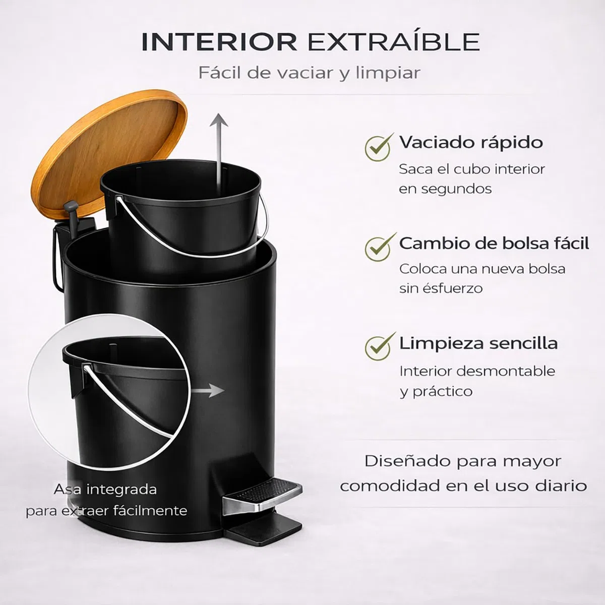 TIENDA EURASIA – Set de Baño Papelera 3L + Escobillero | Metal con Tapa de Bambú | Cubo Interior Extraíble | Papelera con Pedal y Asa para Transportar | Diseño Moderno | para Baño (Negro)