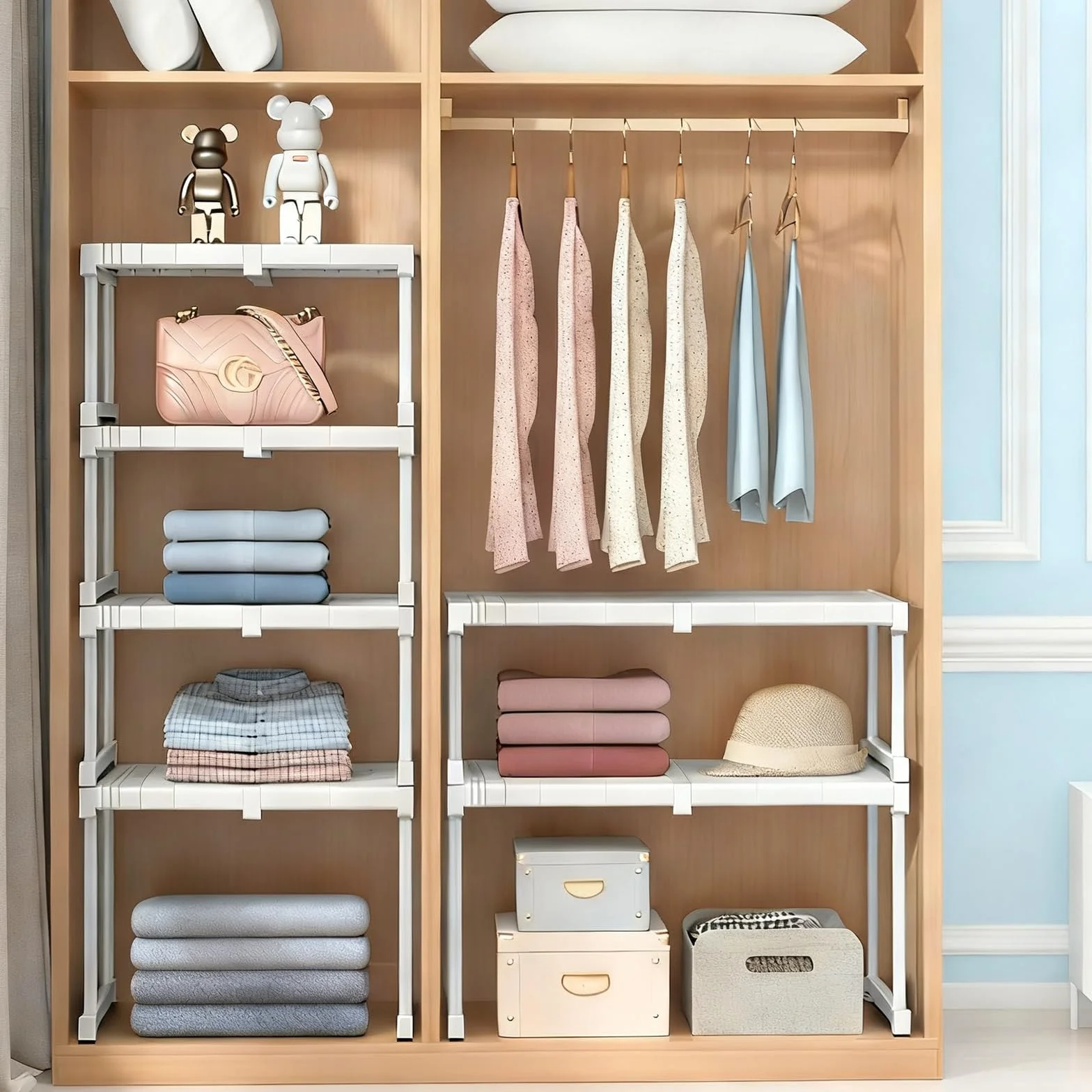 Organizador de armario apilable - Sistema de estantes ajustable sin necesidad de taladrar - Estructura metálica blanca para armario y cocina - Almacenamiento que ahorra espacio para baño y