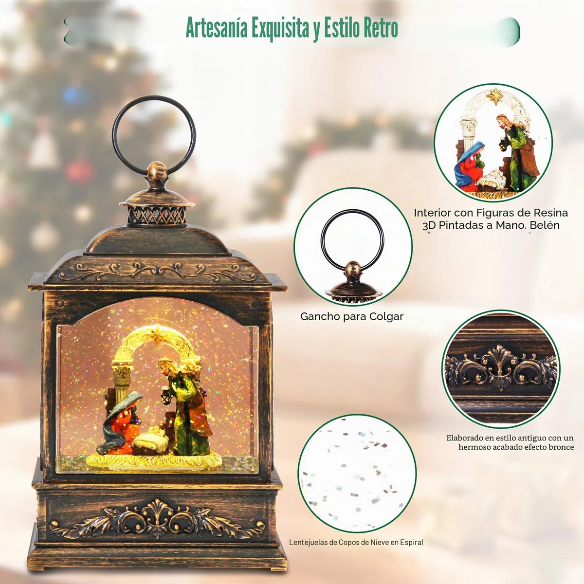 Globo de Nieve de Navidad, Linterna Musical con Belén, Bola de Agua Linterna Led para Decoración Navideña, Función de Temporizador, 21cm, Alimentación por USB o Batería