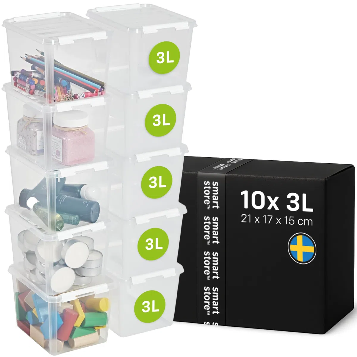 SmartStore cajas de almacenamiento de plástico pequeñas de 3L con tapas - Juego de 10 - Apilables y encajables - Garantía de 10 Años - Seguras para Alimentos- Cierre con Clips L21 x An17 x Al15 cm
