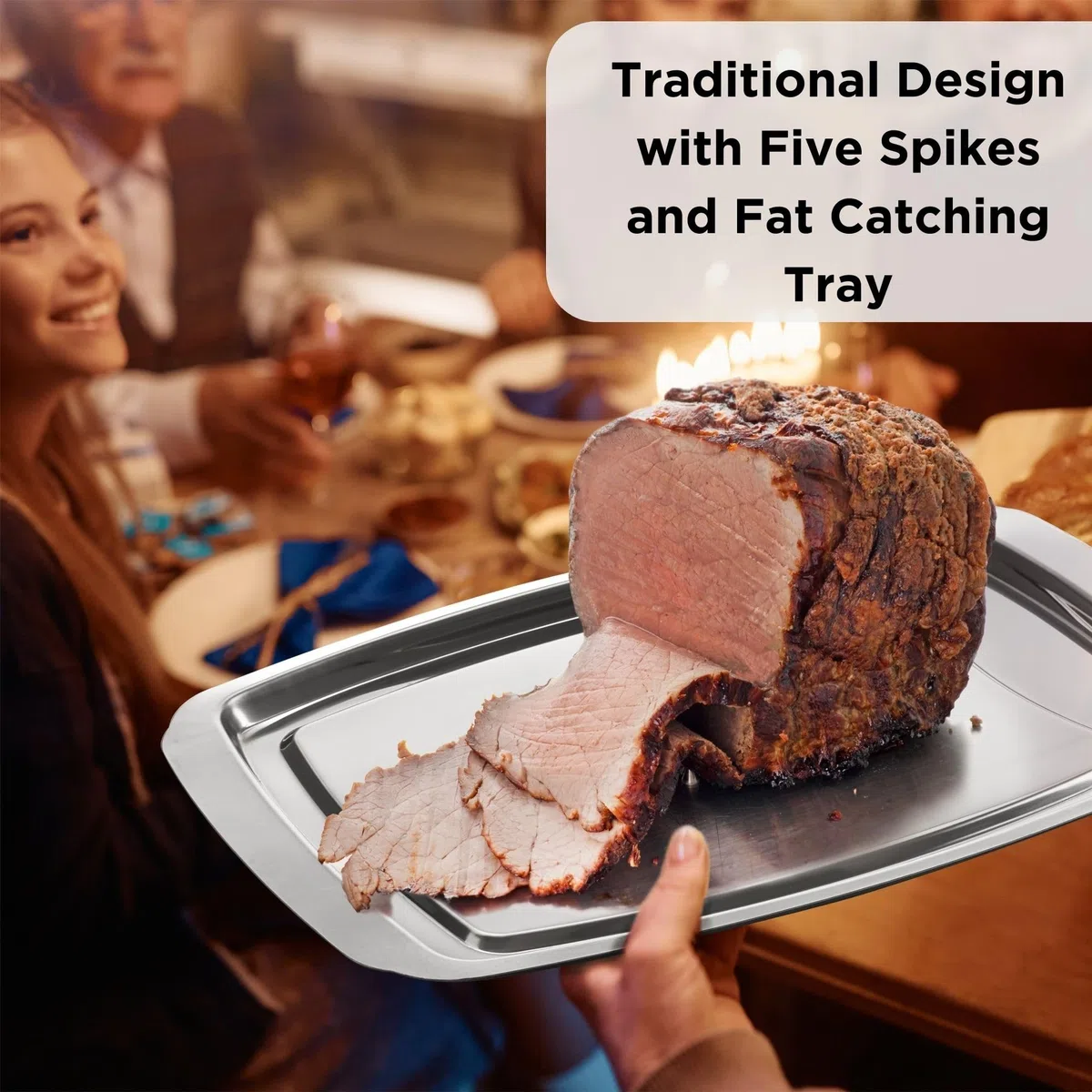 Wrenbury Pro - Bandeja para trinchar carne, plato de acero inoxidable con pinchos, plato de corte con pinchos, 38 cm, perfecto para servir pavo