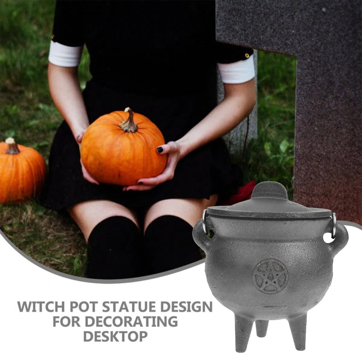 Caldero De Halloween – Caldero De Hierro Fundido con Tapa Y Mango, Hervidor De Caldero Negro, Olla Grande De Poción Espeluznante para Fiesta, Caldero De Bruja Decorativo Negro, Decoracio