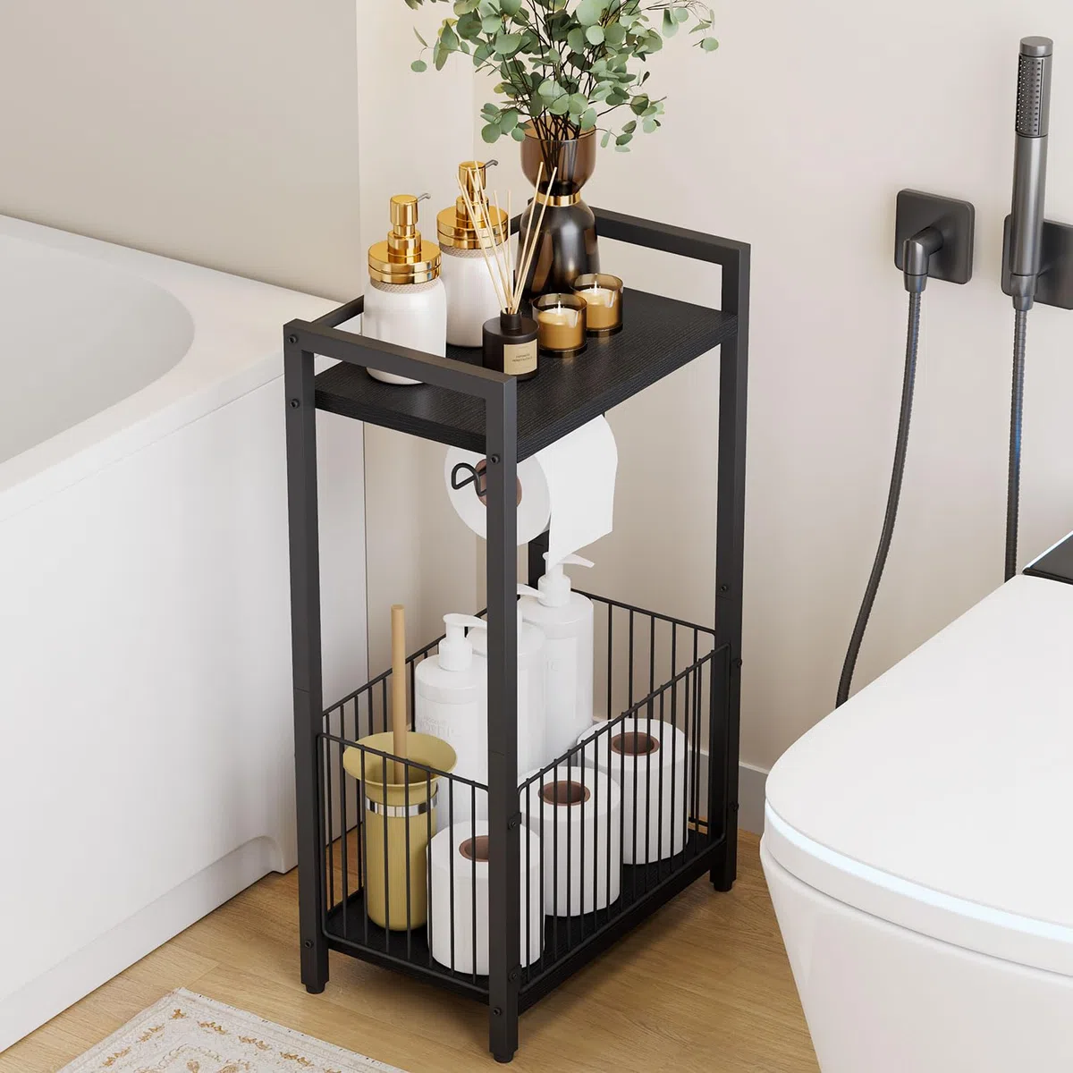 IBUYKE Soporte de papel higiénico independiente con estante de almacenamiento, dispensador de rollos de papel higiénico de baño con espacio adicional para rollos, revistas, toallitas húmedas, negro