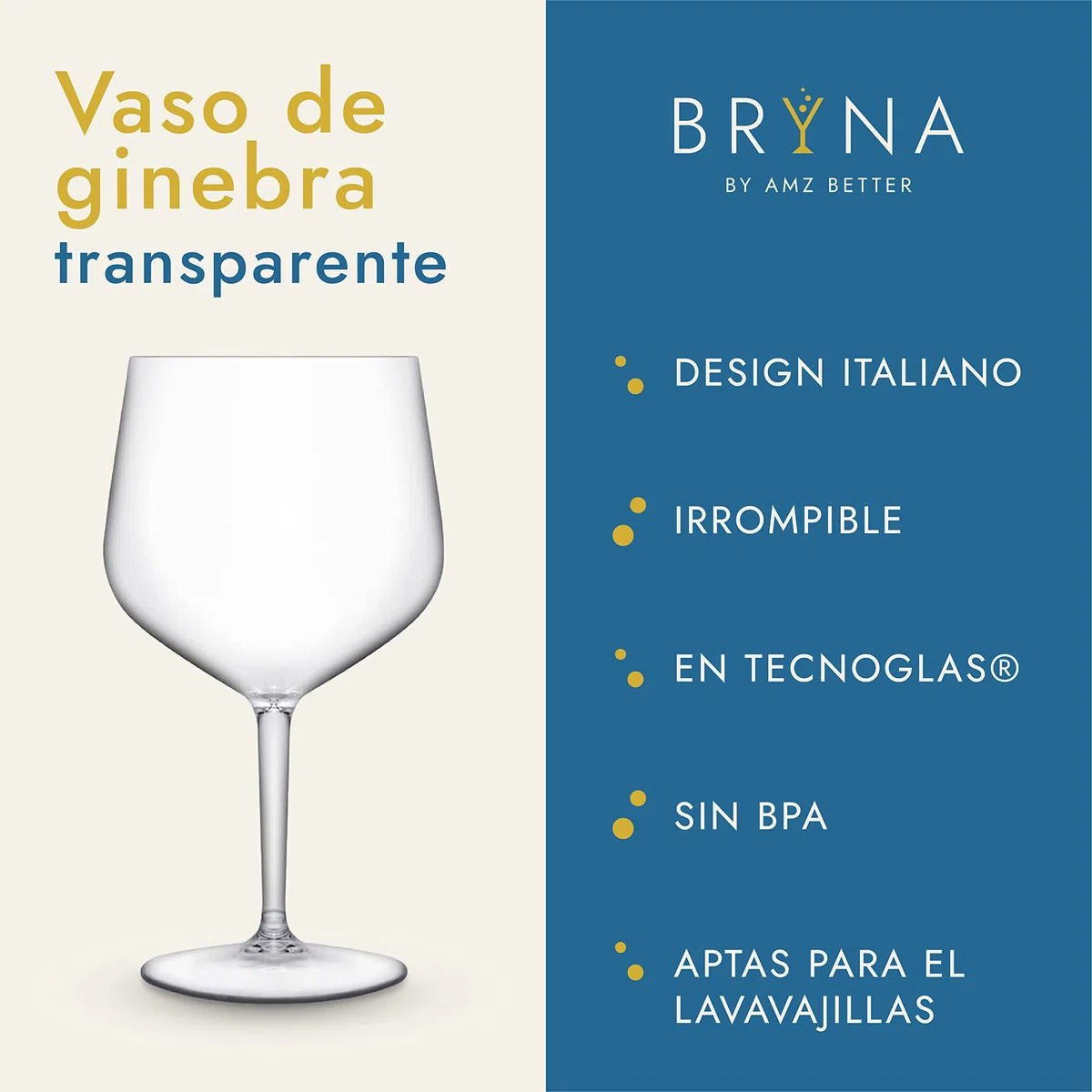 BRYNA - Set 6 Piezas Vasos GIN 75 cl de Policarbonato (Plástico Rígido), 100% Diseño Italiano, Vasos Irrompibles, Copas de Vino Reutilizables y Lavables, Transparente