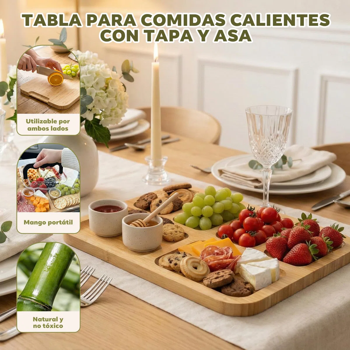 Tabla de Charcutería con Tapa – Bandeja para Quesos Portátil con 6 Compartimentos, Tabla de Madera de Bambú – Ideal para Picnic, Brunch y Viajes