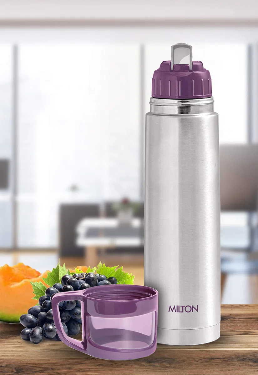 MILTON Botella de agua fría y caliente Glassy 1000 Termoacero 24 horas con tapa para taza | A prueba de fugas | Botella de oficina | Botella de gimnasio | Inicio | Cocina (Púrpura, 1000 ml | 34 oz) | Milton Flask - Botella de agua aislada de 1 litro con t