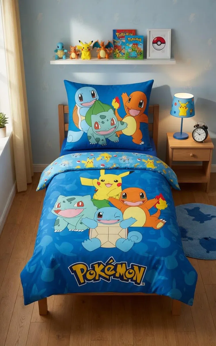 Juego de ropa de cama Pokémon 135x200 + 80x80 · Pikachu, Glumanda, Schiggy & Bisasam · 2 piezas funda nórdica + funda de almohada · Tamaño alemán