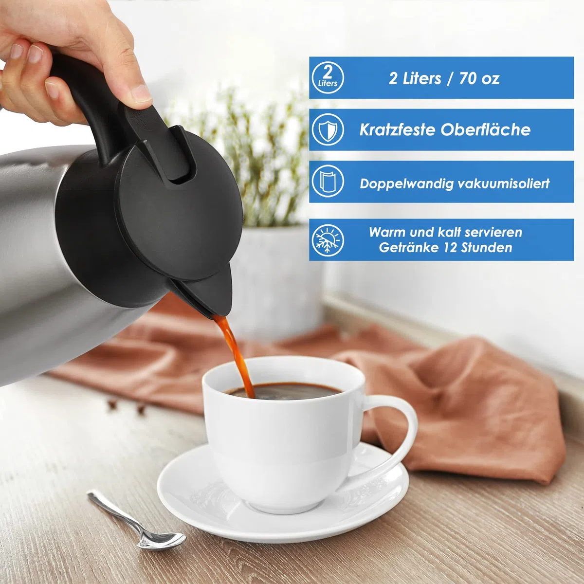 Hossejoy Termo de acero inoxidable de doble pared, aislamiento al vacío, jarra de café, 12 horas de almacenamiento de calor y frío, para café, leche, té, bebidas (plata)
