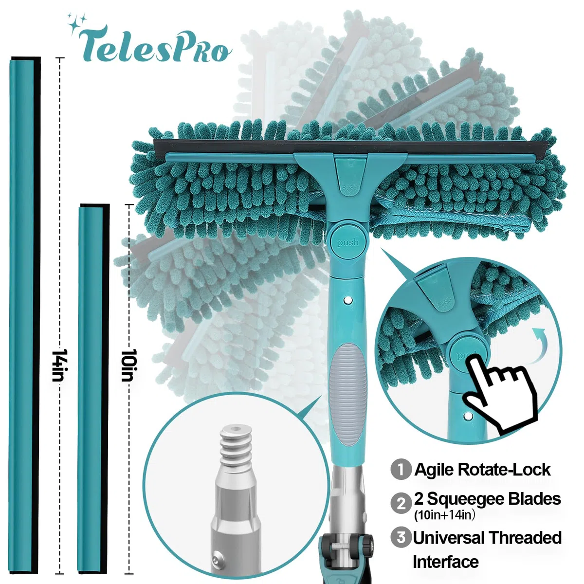TelesPro Rasqueta de ventana de 20 pies de alto alcance con poste de extensión de 5 a 12 pies, herramienta de limpieza de ventanas con poste telescópico de 3 etapas, kit de limpieza de ventanas con
