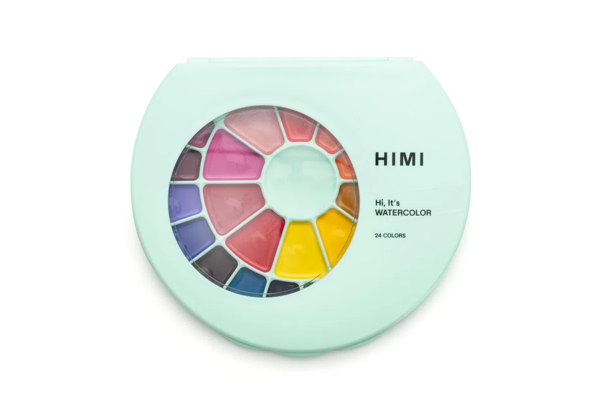 HIMI Juego de acuarelas semihúmedas, 24 colores en sartenes, pincel, edición Green Case Edition, más suave que seco, despierta con un chapoteo de agua, fácil de mezclar, pincel, suministros de juego