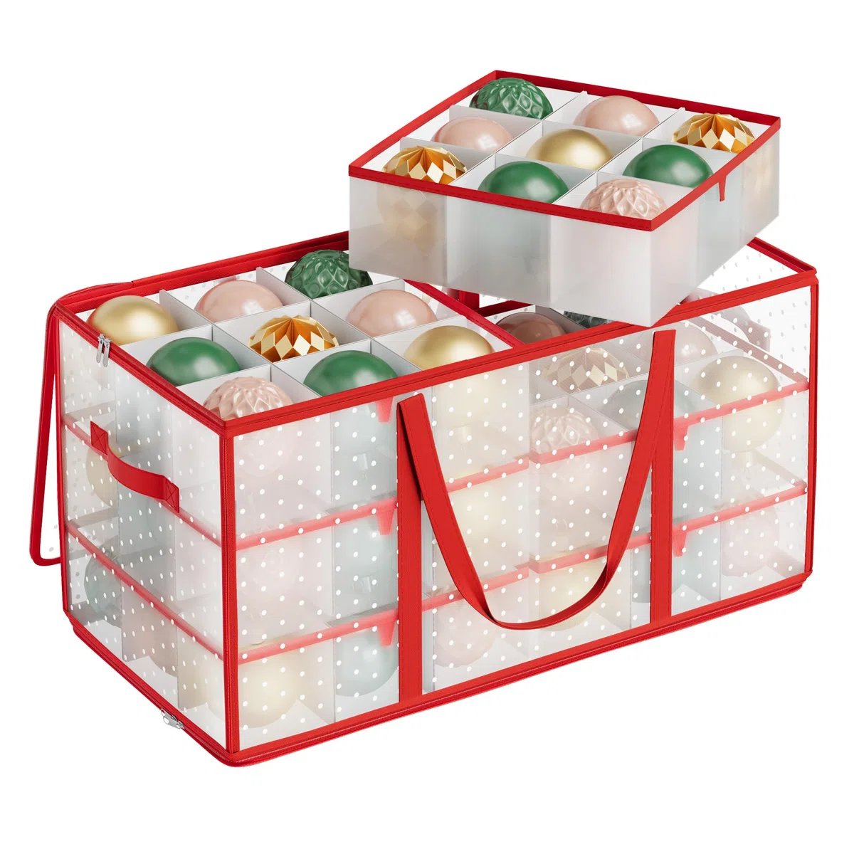 SONGMICS Caja Grande para Adornos de Navidad, 10,2 cm 54 Ranuras, Caja de Plástico para Adornos de Navidad con Tapa, Doble Cremallera, 6 Bandejas, Asas Laterales, Rojo Cereza RFB030T01