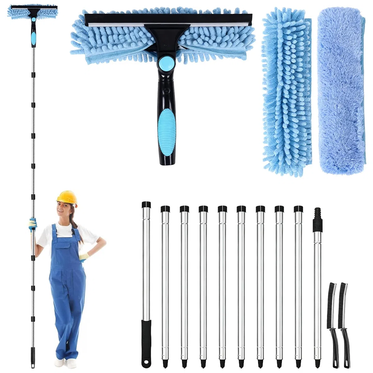 Kit de limpieza de cristales 2 en 1 con barra telescópica de 3,85 m, paños de microfibra y cepillos para grietas, ideal para ventanas altas, coches y ventanas, fácil de usar y seguro