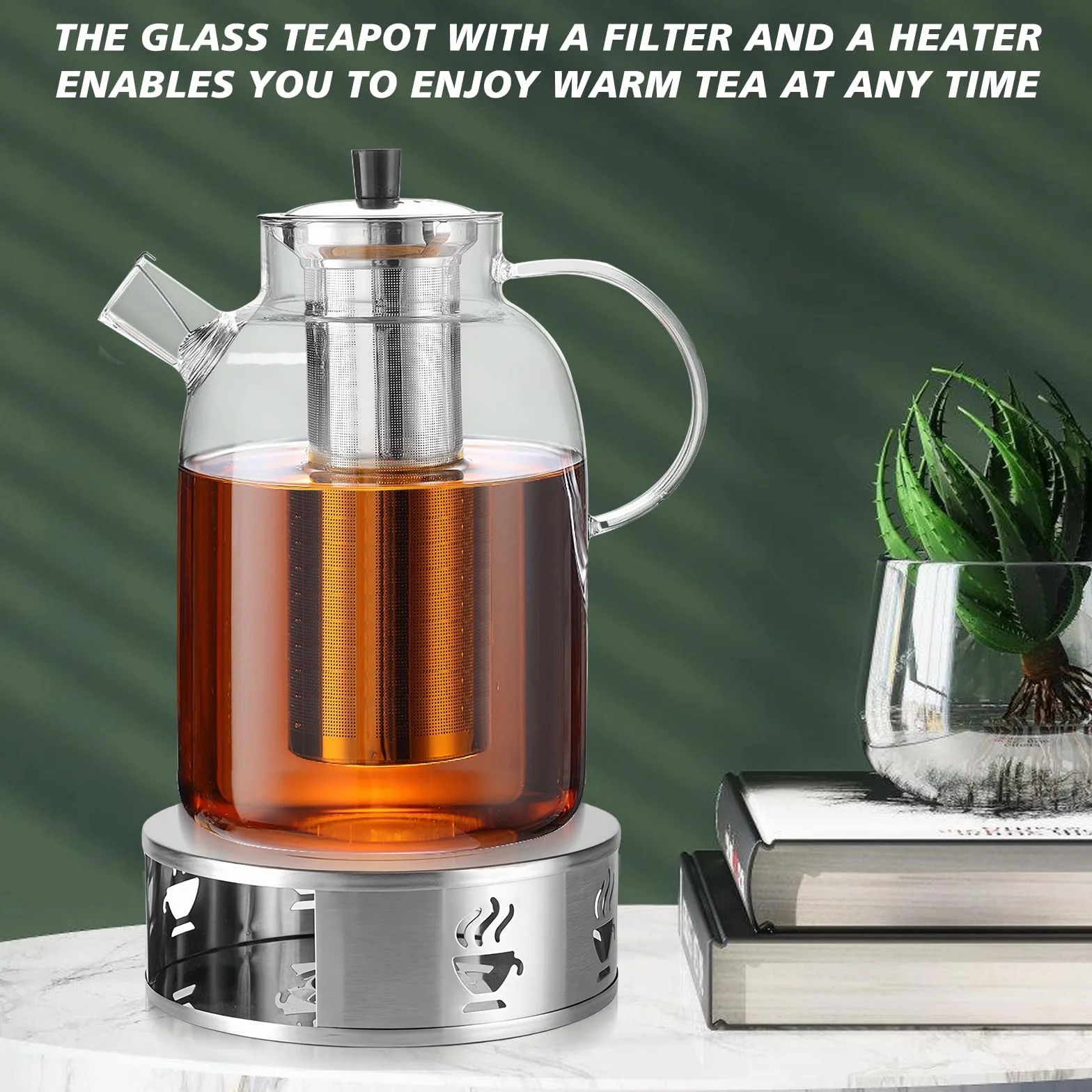 Tetera de vidrio con calentador, 1,8 L, tetera de vidrio con colador, infusor de té con colador y calentador, mantiene el calor durante mucho tiempo, acero inoxidable, para