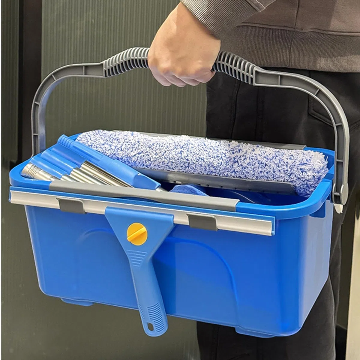 Juego de limpieza de ventanas con cubo, con un paño de microfibra y una barra telescópica, limpiador de ventanas para exteriores con cubo, para puertas de patio, coches, parabrisas, azulejos, vidrio
