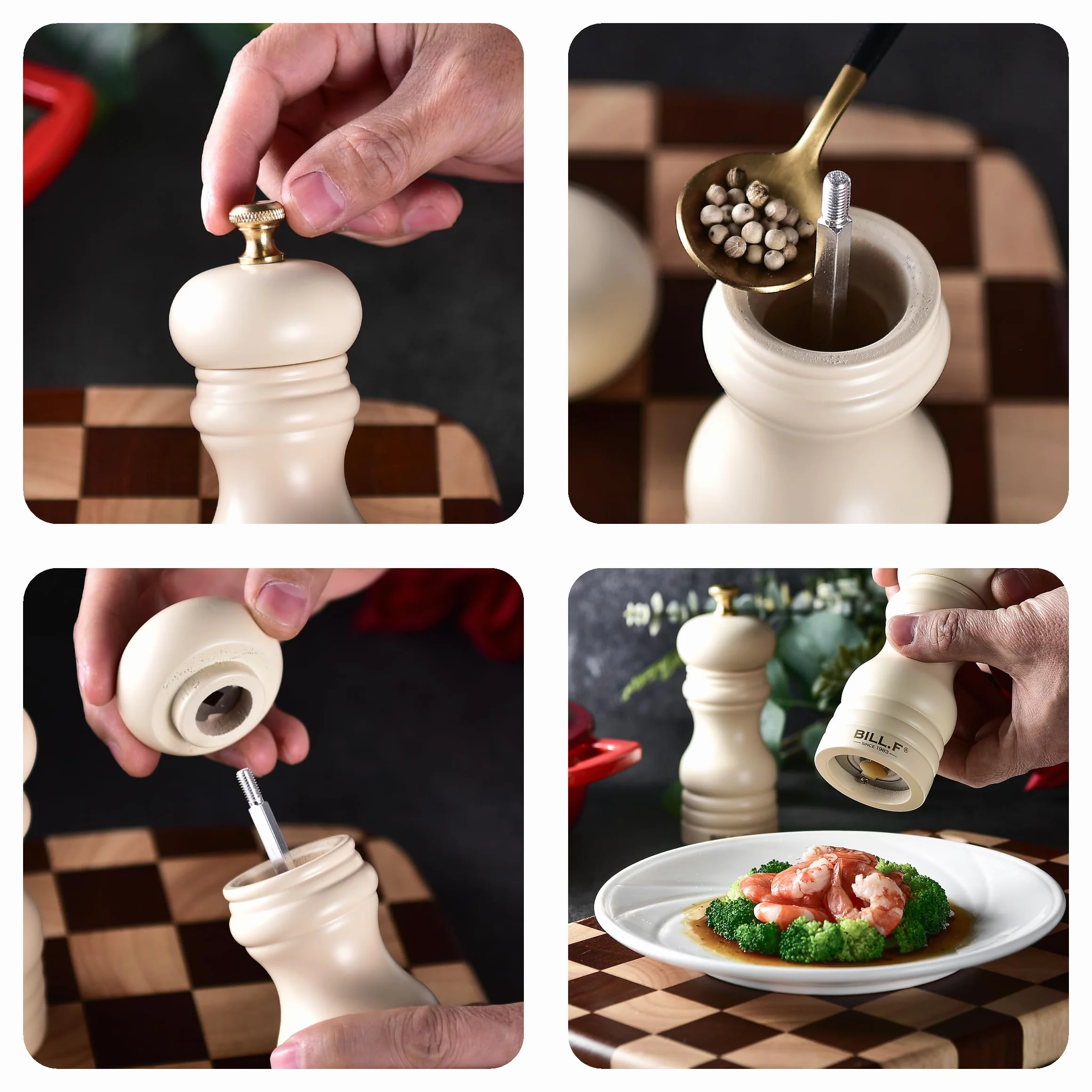 Bill.F - Juego de molinillos de sal y pimienta de madera, juego de 2 molinillos de sal y pimienta manuales, recargables de 5 pulgadas con rotor de molienda de cerámica ajustable (juego de 2 crema)