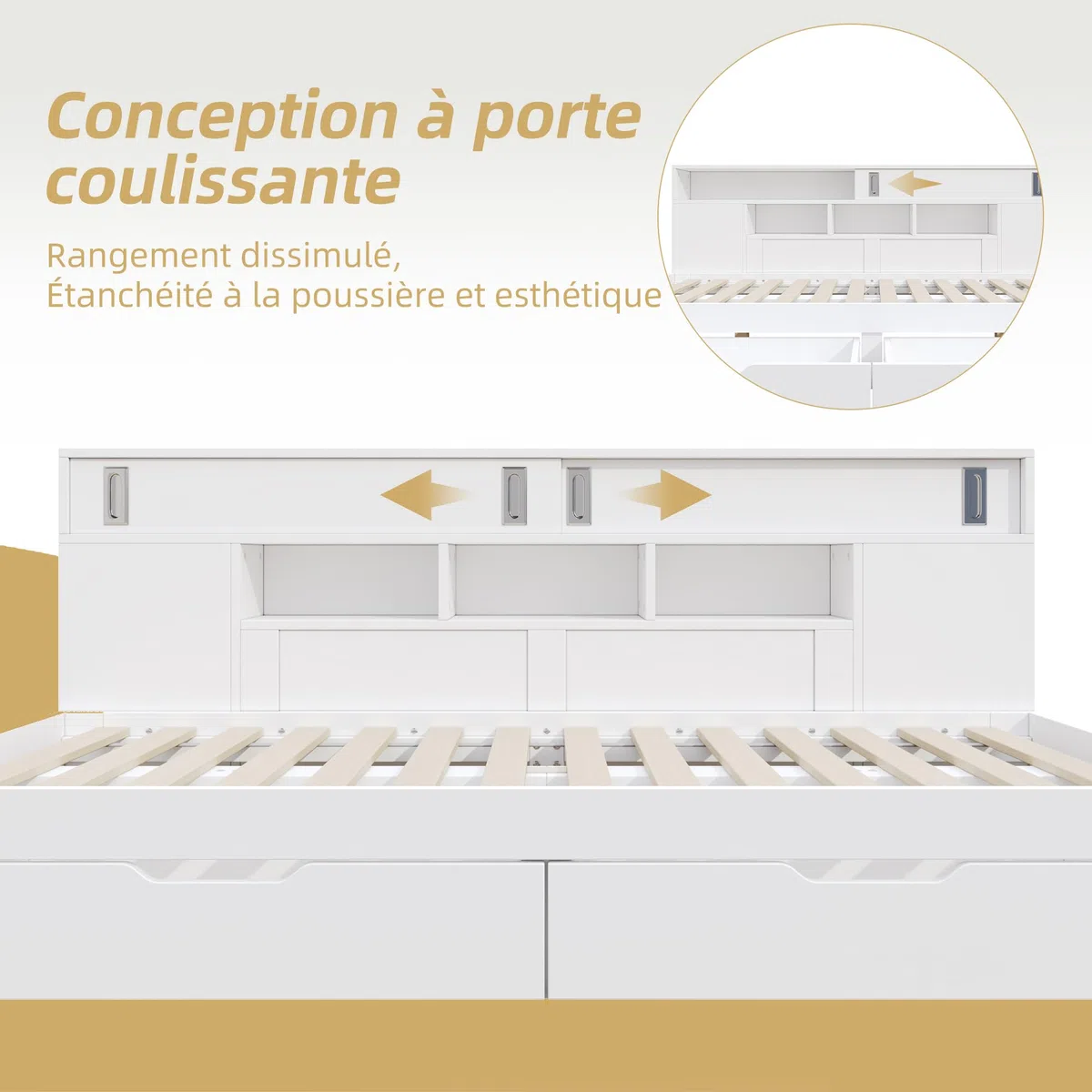 Zepneiy - Cama de 140 x 190 con cajones y estante, cama doble 140 x 190 con armario de almacenamiento, caja fuerte con espacio de almacenamiento, marco blanco (sin colchón)