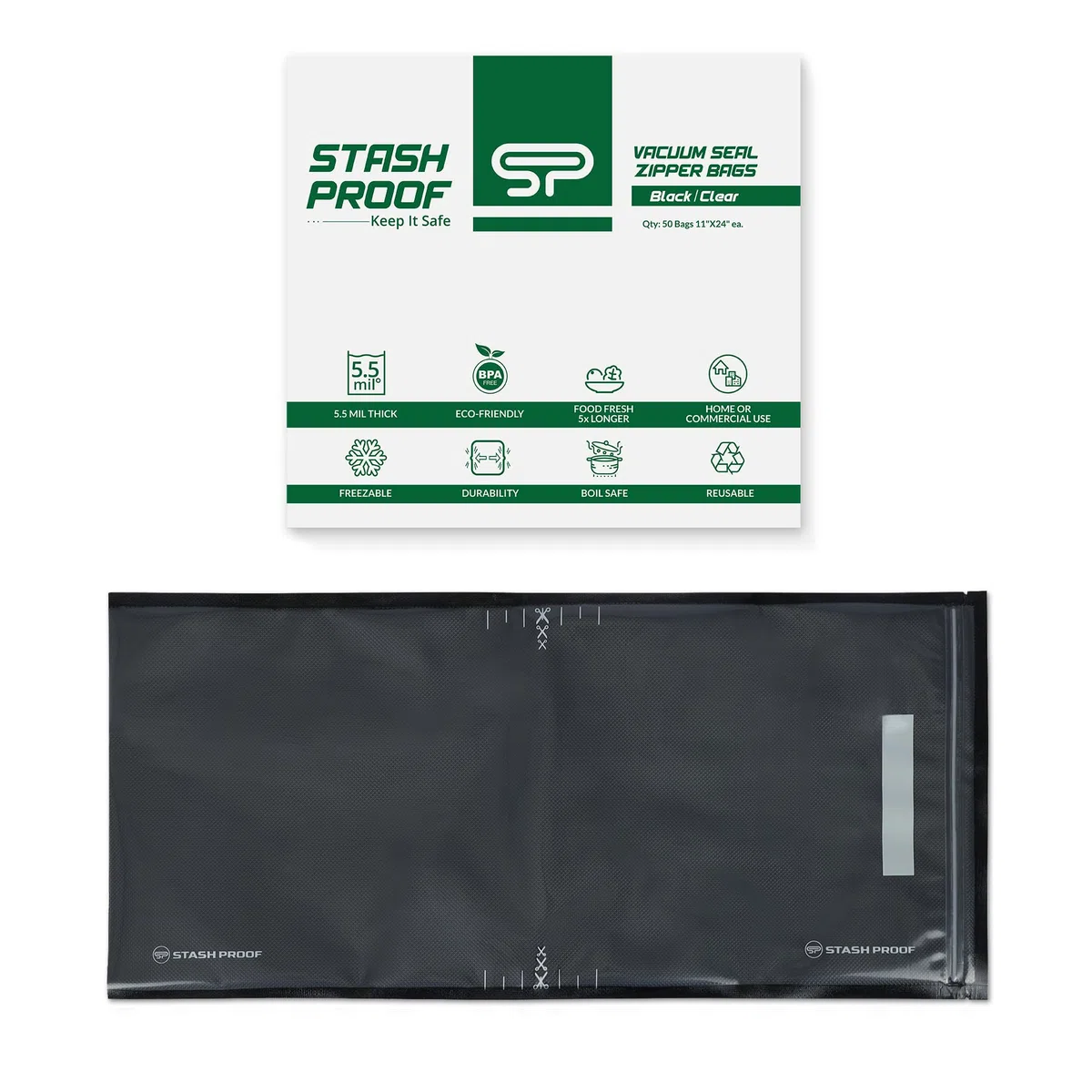 Bolsas de sellado al vacío con cremallera de 11 x 24 pulgadas (50 unidades) 5.5 mil (negro y transparente), sin BPA, de grado comercial, ahorro de alimentos para almacenamiento, al vacío y