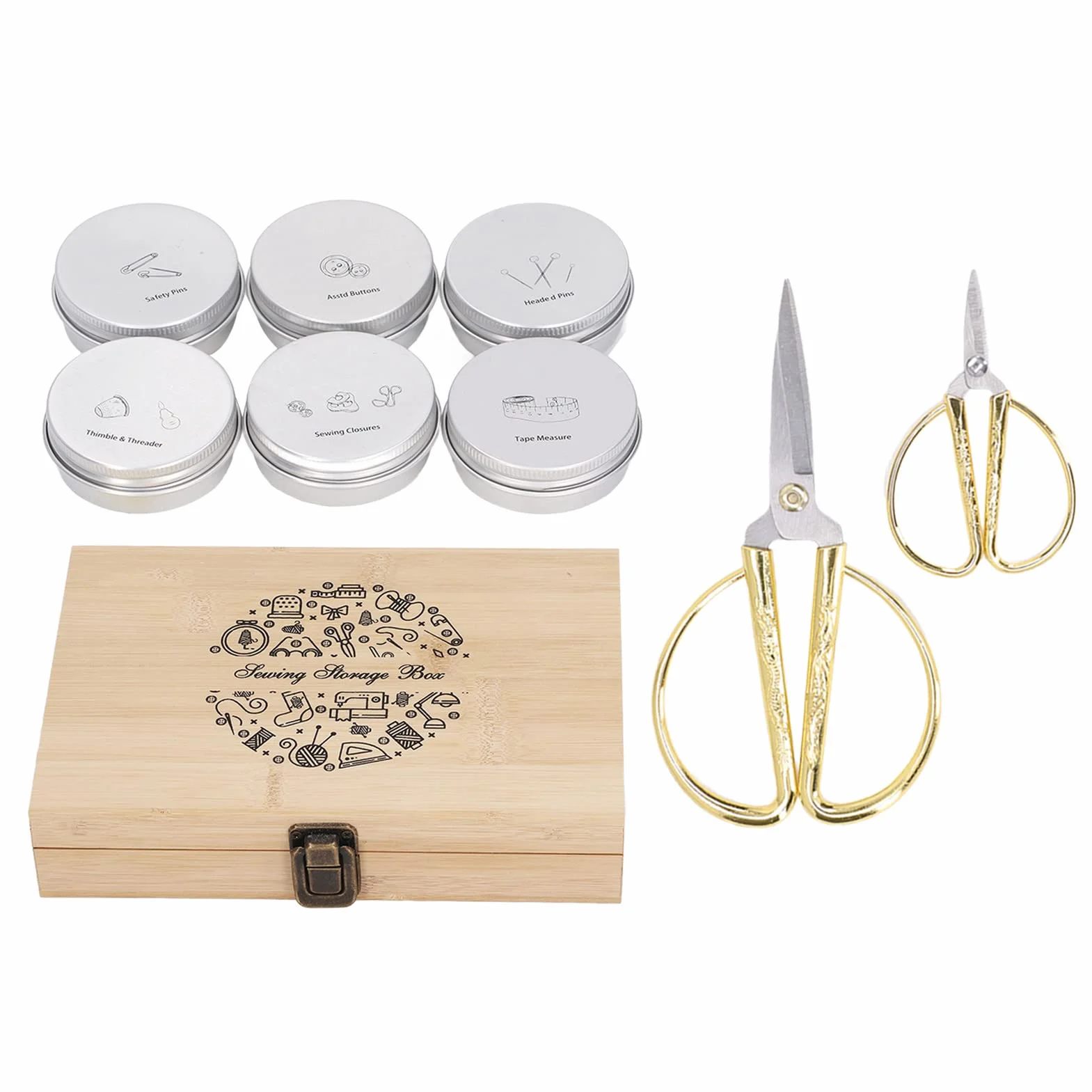 Kit de costura completo con caja de almacenamiento de madera, suministros de costura que incluyen tijeras, botones, alfileres, hebillas, dedal, enhebrador, cinta métrica y