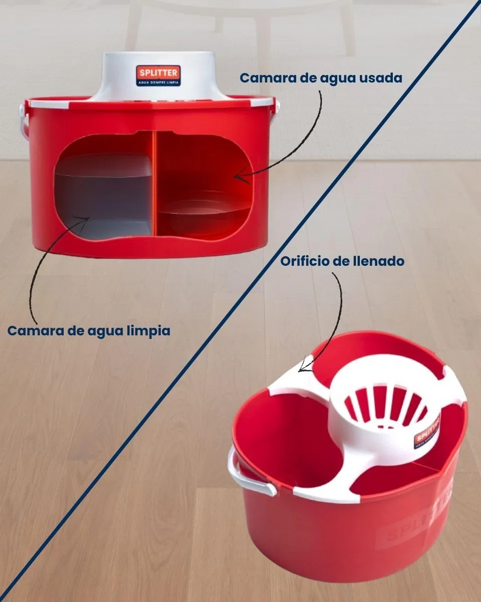 Splitter - Cubo de Limpieza Doble Compartimento | 14L de Capacidad | Separa Agua Limpia y Sucia | Compacto, Fácil de Usar y Profesional | Color Rojo