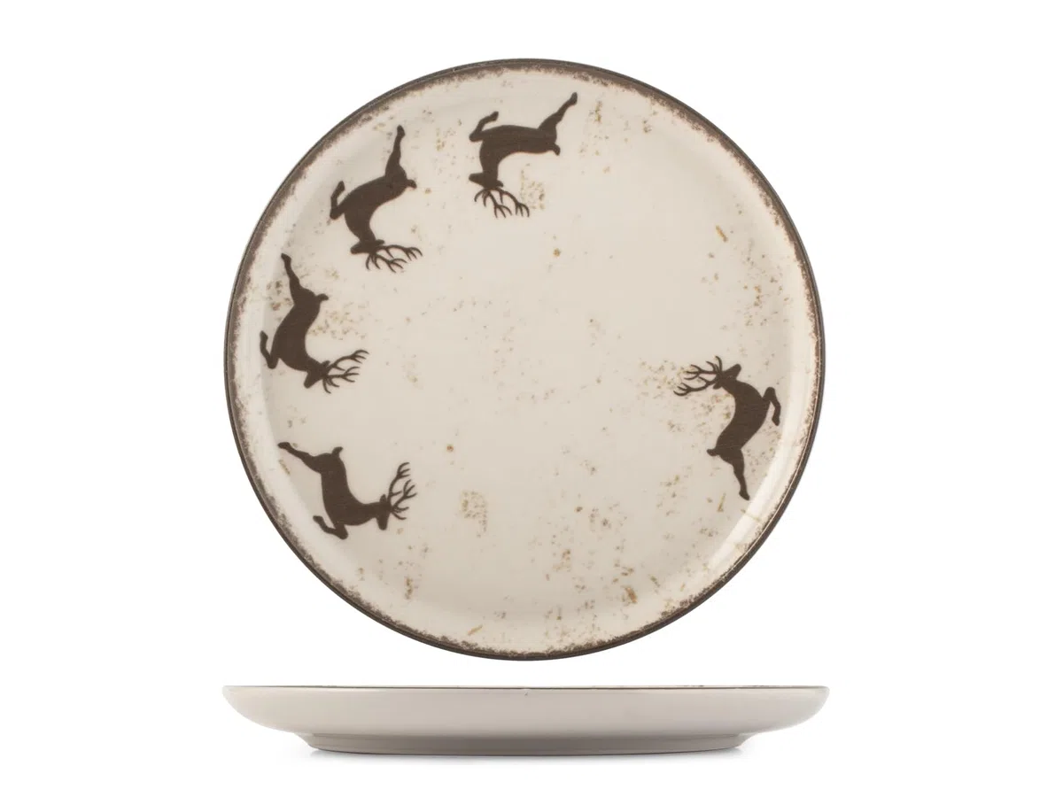 H&H Juego de Mesa Navidad 12 Piezas Wild Mocha en Gres - Platos Planos, Sopas y Postres con Diseño Tradicional y Acogedor, Ideal para Celebraciones Invernales y Festividades