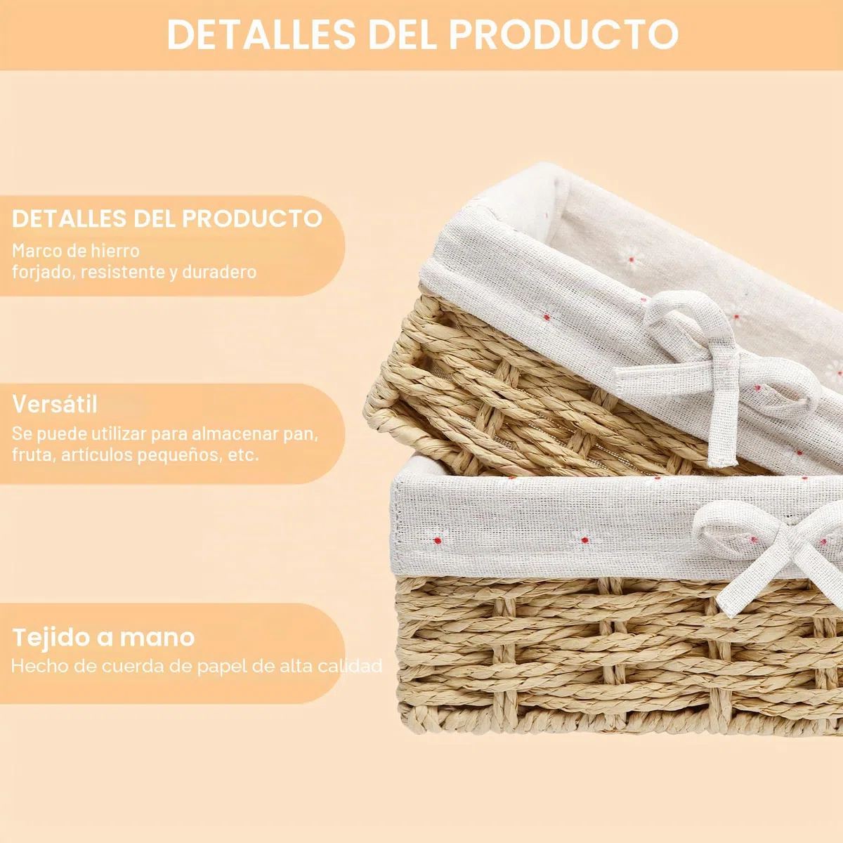 APOMOONS 2 Piezas Cestas para Pan con Forro, 2 Tamaños Cesta Almacenaje Mimbre Fabricadas con Cuerda de Papel, Cesta Mimbre para Pan Pasteles Postres Desayuno, Caqui