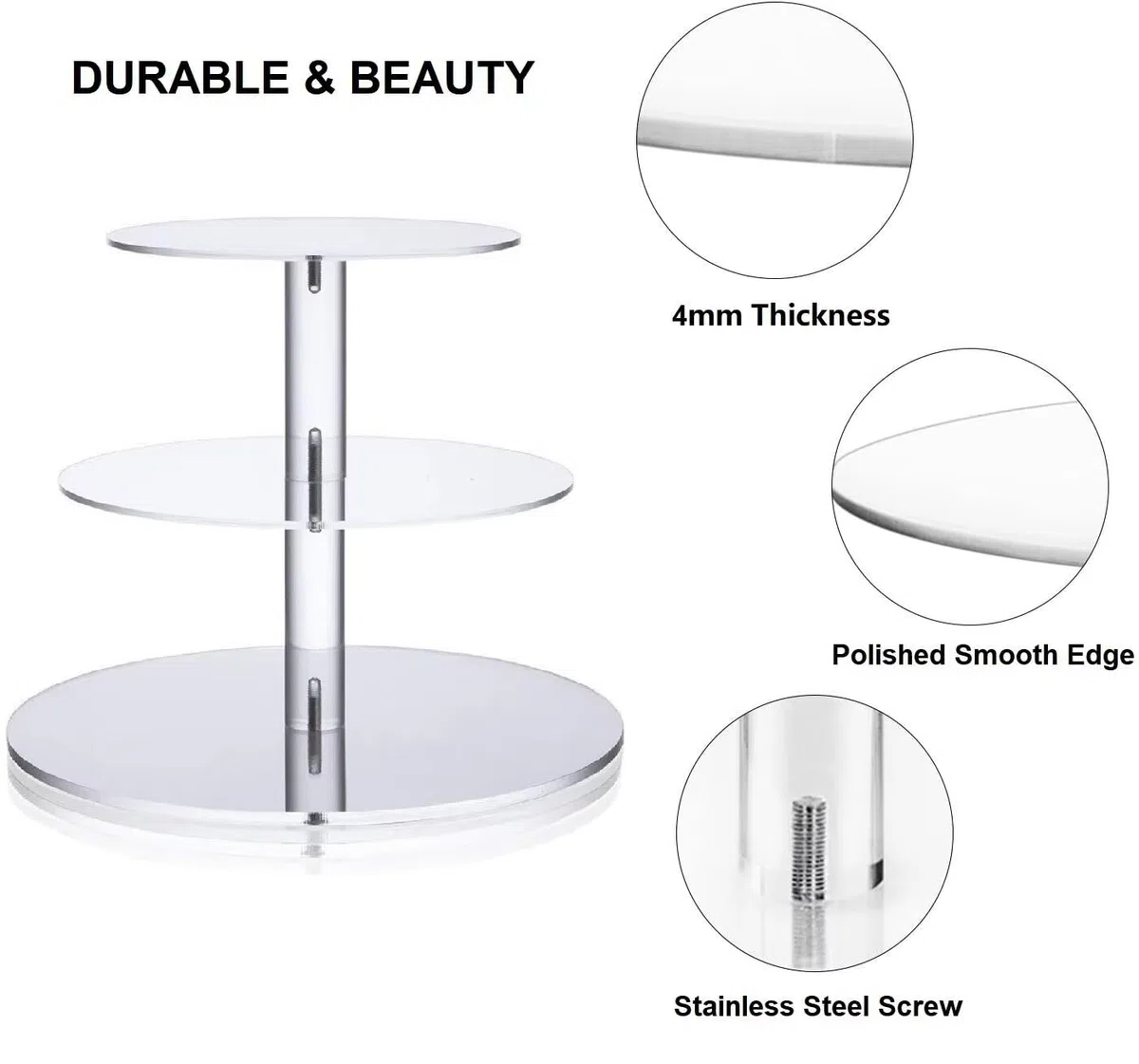 3 Pisos Soporte Cupcakes, Cupcake Stand Acrilico para Tarta, Muffins, Boda, Cumpleaños y Fiesta, Transparente Soporte para Tartas, Diámetro Redonda 10'' / 8'' / 6'', 4 mm Espesor Acrílico