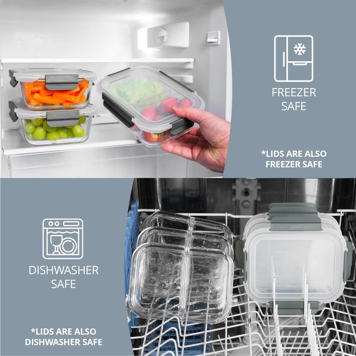Homiu Recipientes de vidrio para alimentos con tapas, recipientes herméticos de vidrio para preparación de comidas, sin BPA, a prueba de fugas, reutilizable, aptos para microondas, congelador y horno