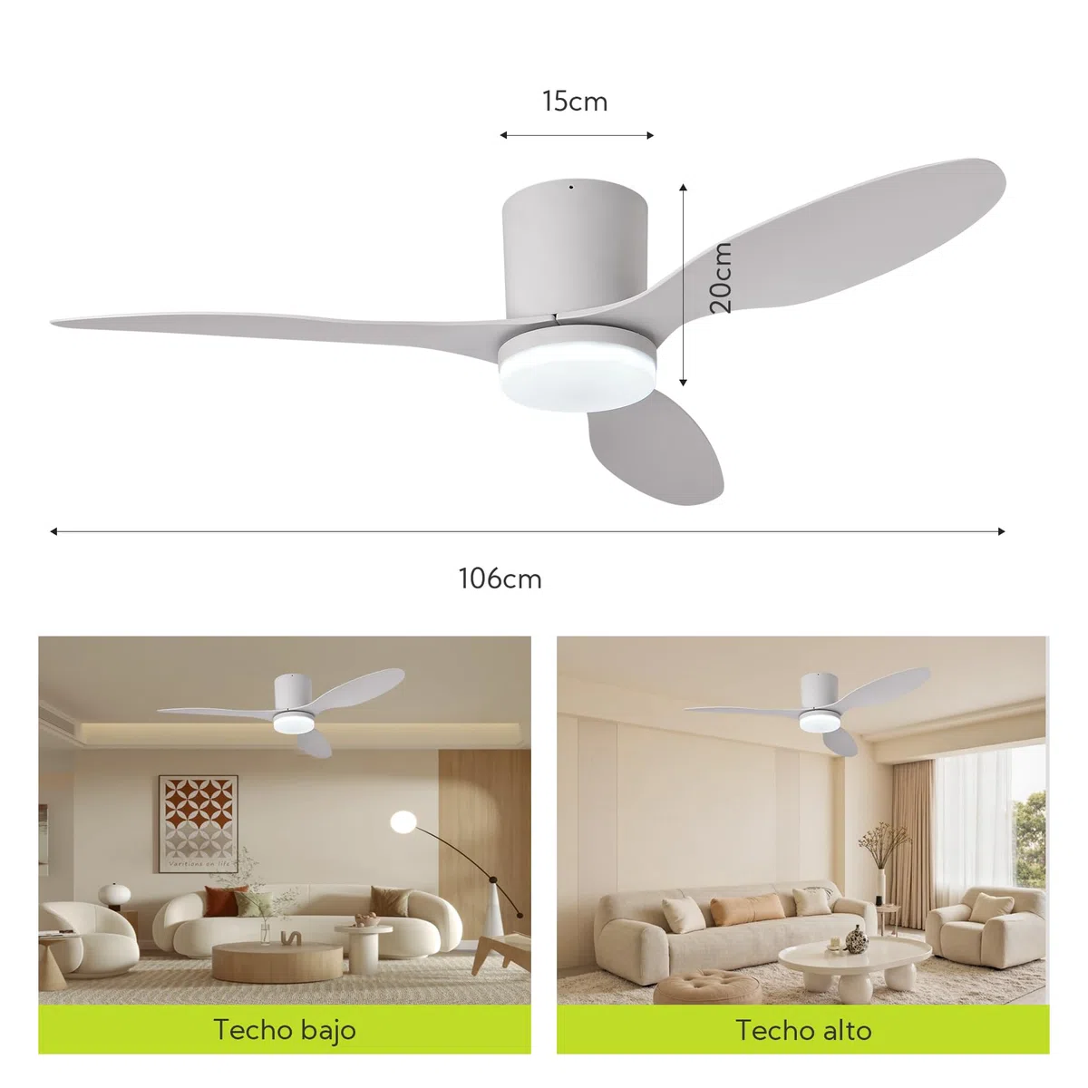 Ventilador de Techo con Luz y Mando a Distancia, 106cm, Motor DC Silencioso de Bajo Consumo, 3 Aspas de Plástico Premium Blanco (Anticorrosión), LED Regulable 3 Tonos, para Dormitorio y Salón