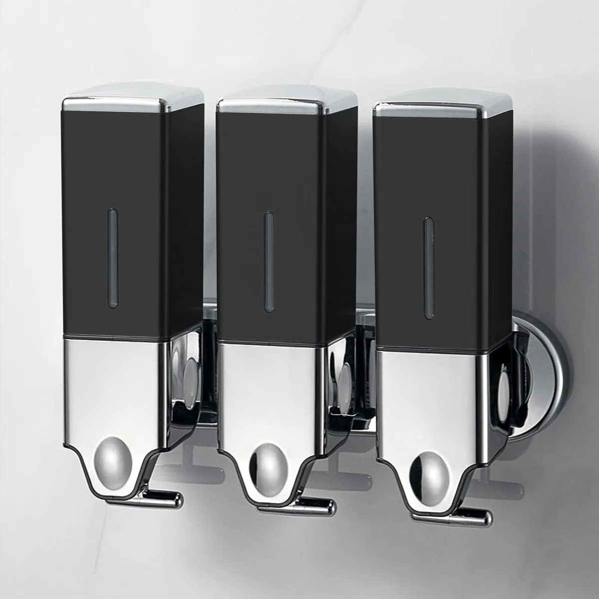 No-Drill - Dispensador de jabón de pared de 500 ml, dispensador de jabón para baño y cocina, dispensador de champú y acondicionador, sin taladros con adhesivo (cuadrado, negro)