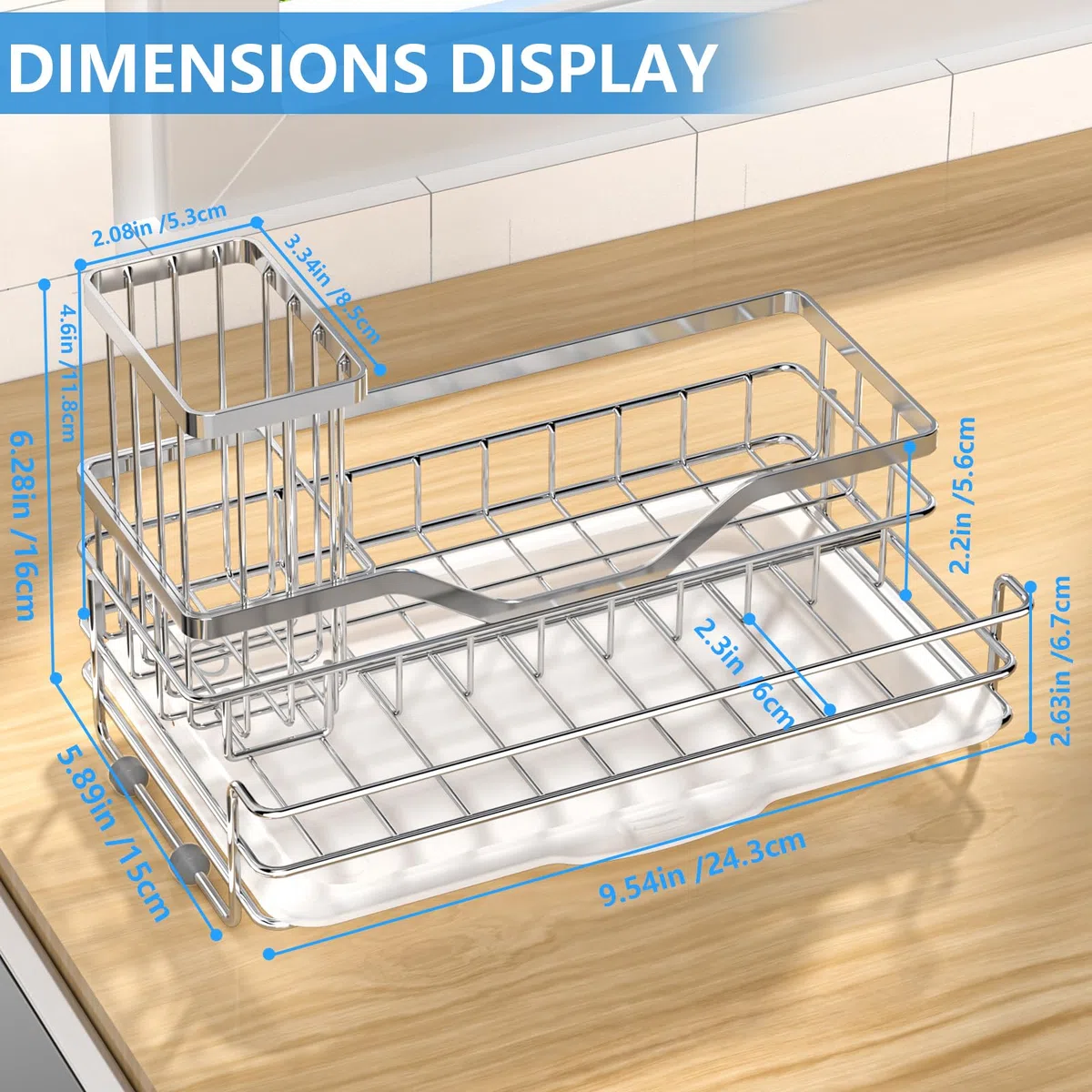 VANZAVANZU Organizador de fregadero de cocina de acero inoxidable 304, soporte de esponja de gran capacidad para cocina, soporte de cepillo extraíble, bandeja de drenaje y base de goma antideslizante,