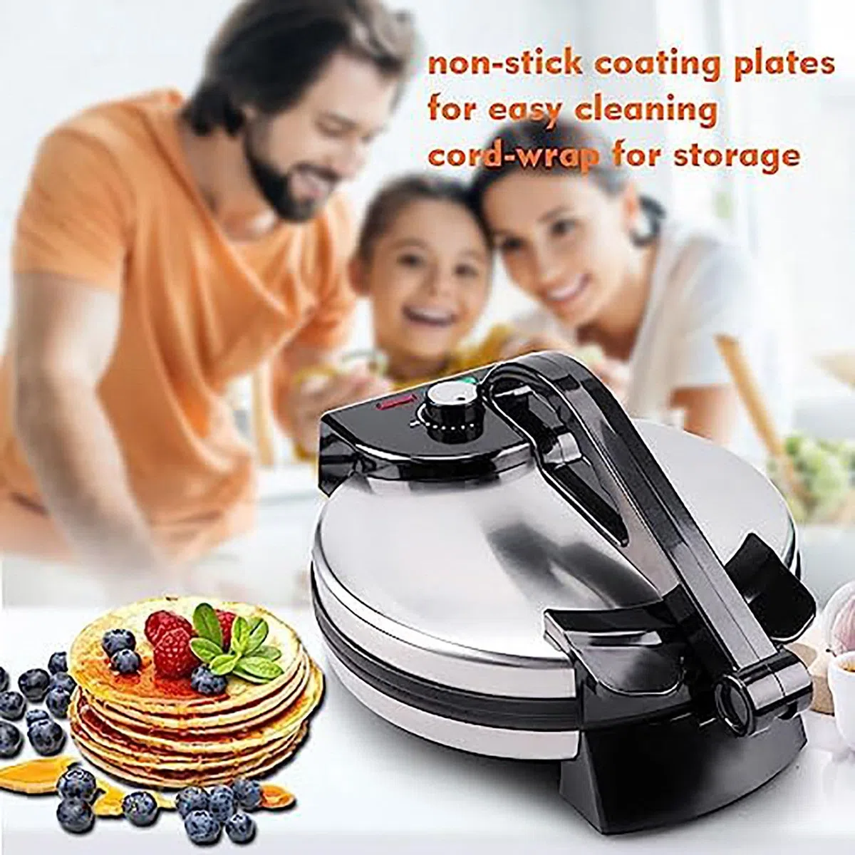 Crepera Antiadherente (12 Pulgadas), Máquina para Hacer Panqueques De 1800 W: Fabricación Pita, Calefacción De Doble Cara + Indicador Led, Haga Chapati/Tortilla FáCilmente