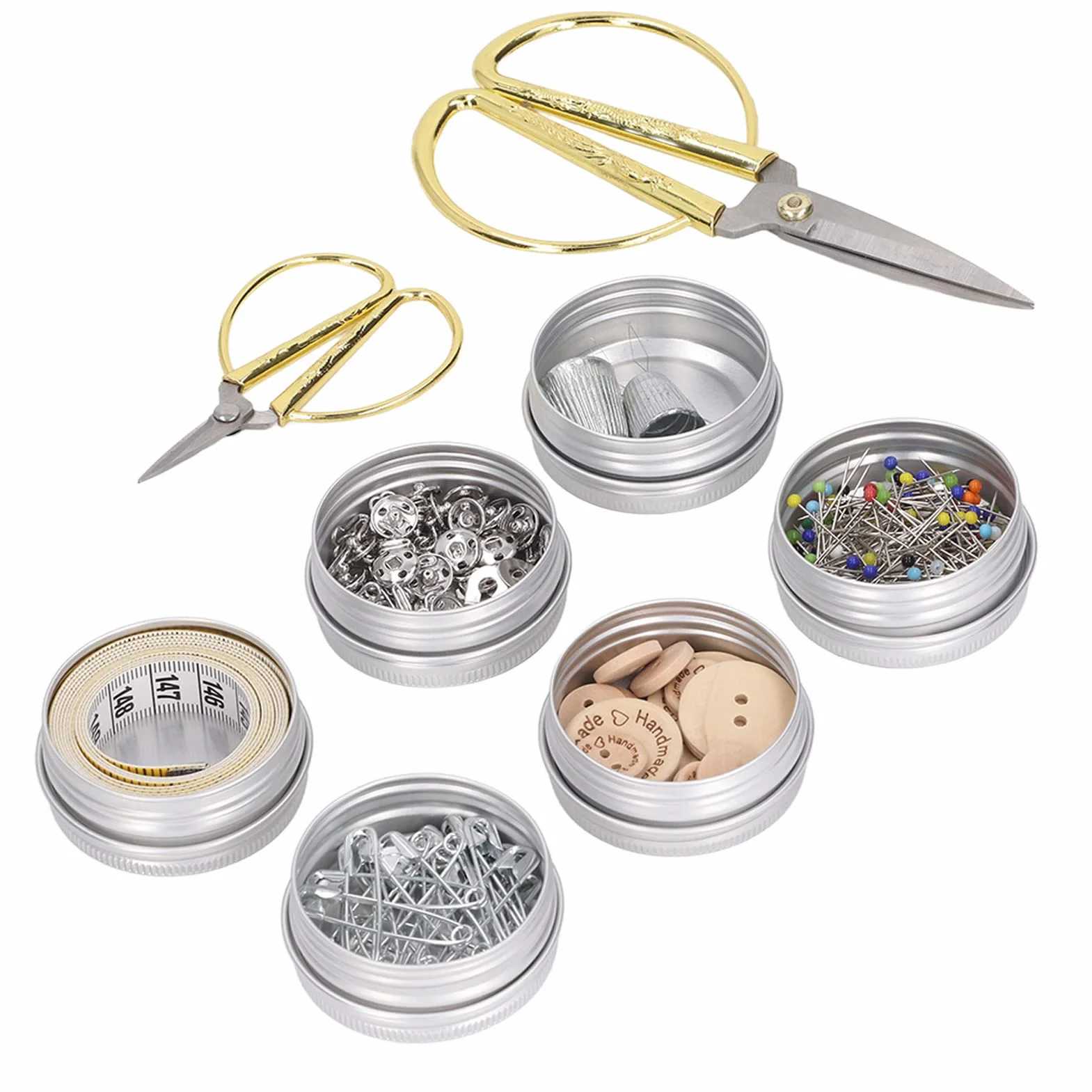 Kit de costura completo con caja de almacenamiento de madera, suministros de costura que incluyen tijeras, botones, alfileres, hebillas, dedal, enhebrador, cinta métrica y