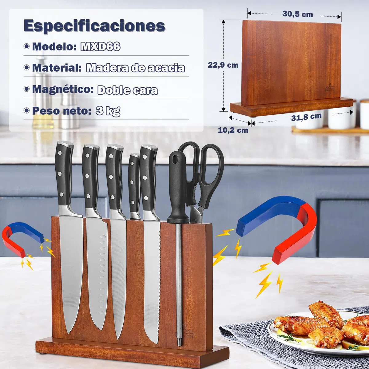 ENOKING Soporte Iman Cuchillos De Cocina, Bloque MagnéTico Doble Cara Para Utensilios Cocinero, Tacoma Sin Cuchillos De Acacia Para Cocina Para ExhibicióN Y Almacenamiento De Cubiertos