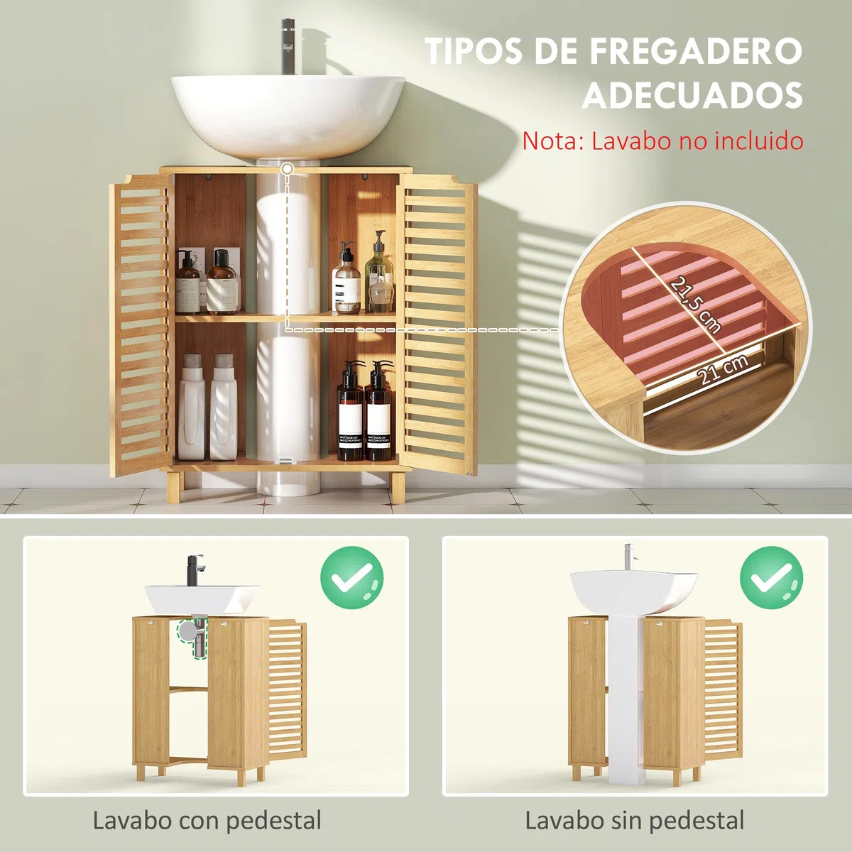 HOMCOM Mueble Bajo Lavabo de Bambú 2 Puertas de Lamas 60x30x80cm Natural | Estante Regulable, Mueble de Baño, para Lavabos con o sin Pedestal