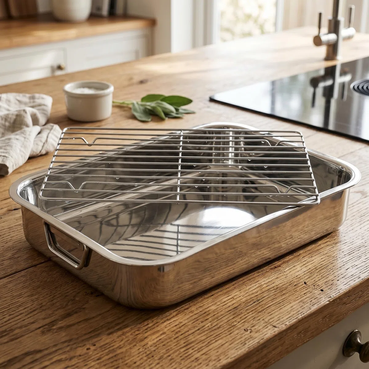 MGE - Bandeja de Horno Universal con Rejilla 40 cm - Fuente Rectangular de Acero Inoxidable para Asar, Hornear y Cocinar Carnes y Verduras con Menos Grasa