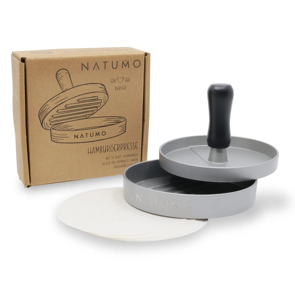 NATUMO Juego de prensa para hamburguesas y papel para hamburguesas (50 papeles separadores), de aluminio fundido (11 cm de diámetro, 200 g), con revestimiento antiadherente (plata)
