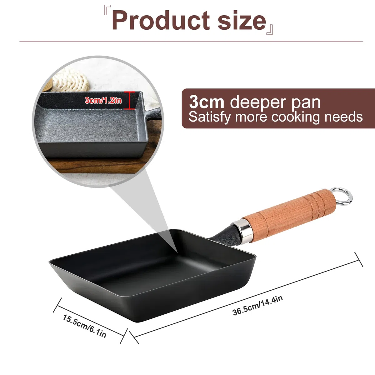 Tissting 15.5CM Sartén Plana para Desayuno, Sartén de Hierro Fundido con Mango de Madera, Sartén Rectangular para Tortilla Japonesa Tamagoyaki, Para Cocina de Inducción de Gas Universal