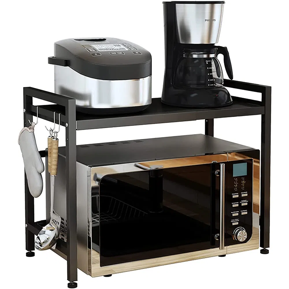 Estante para horno microondas extensible Willonin con carga pesada, soporte de estante para hornos microondas con altura ajustable (40/64 x 45 x 36,5 cm - 1 nivel, negro)