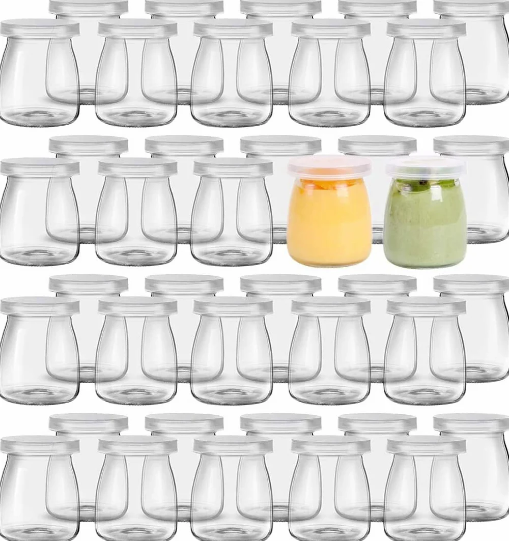 Lawei Paquete de 40 tarros de yogur con tapas, tarros de vidrio de 150 ml, tarros de pudín de repuesto, tarros de conserva, tarro de tulipán para mermeladas, gelatinas, miel, postres, leche