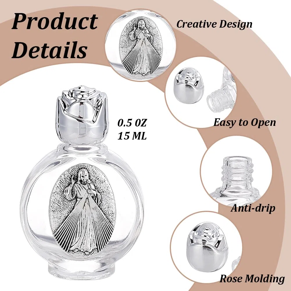 WEBEEDY 16 botellas de vidrio para agua bendita de 15 ml vacíos en relieve, botellas de bendición de la iglesia con tapa, regalos portátiles de iglesia para Pascua 2 estilos