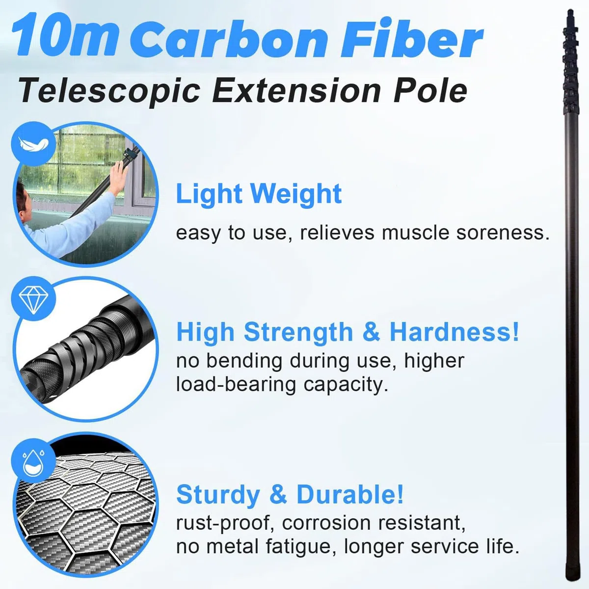 Genérico Cepillo para Ventanas con Mango telescópico de Fibra de Carbono de 10 m. Kit de Limpieza: Alimentado por Agua, escobilla de Goma, dispensador de jabón, Mango telescópico de 10 m y