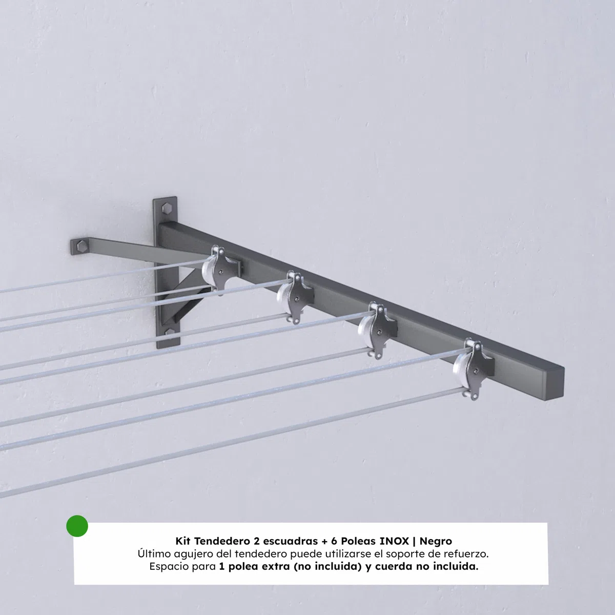 Tendedero con escuadra 550 x 20 mm + 6 Poleas INOX 40 mm | Negro | Interior y Exterior