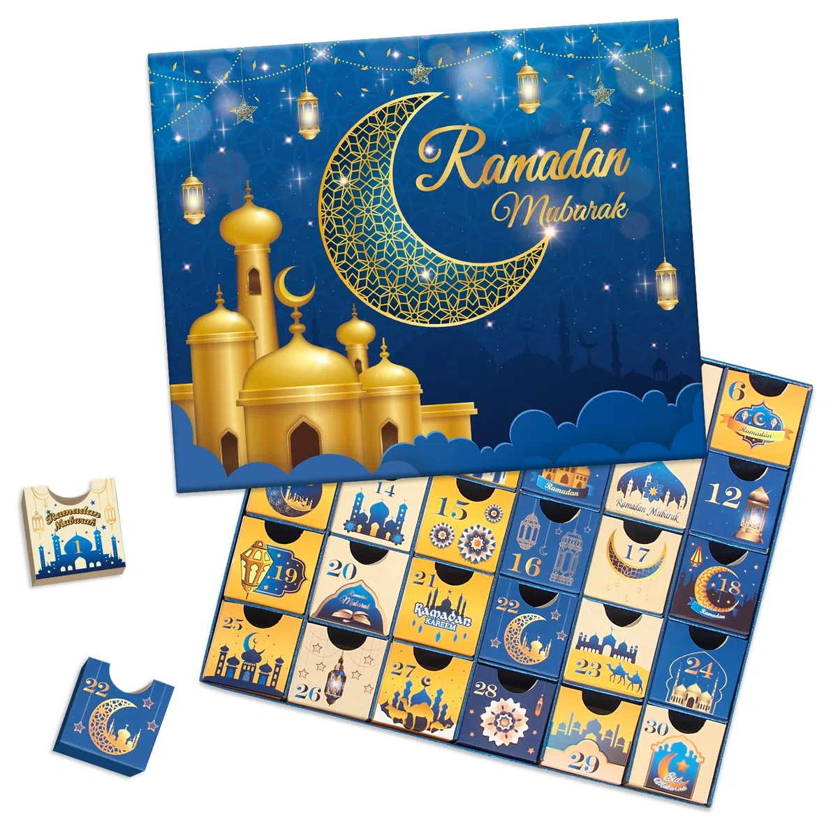 Ramdan Calendario de Adviento 2024, 30 cajas vacías para 30 días, calendario de Coutdown de Eid Mubarak, caja de regalo de Ramadán rellenable, suministros para fiesta de Ramadán Mubarak, color azul