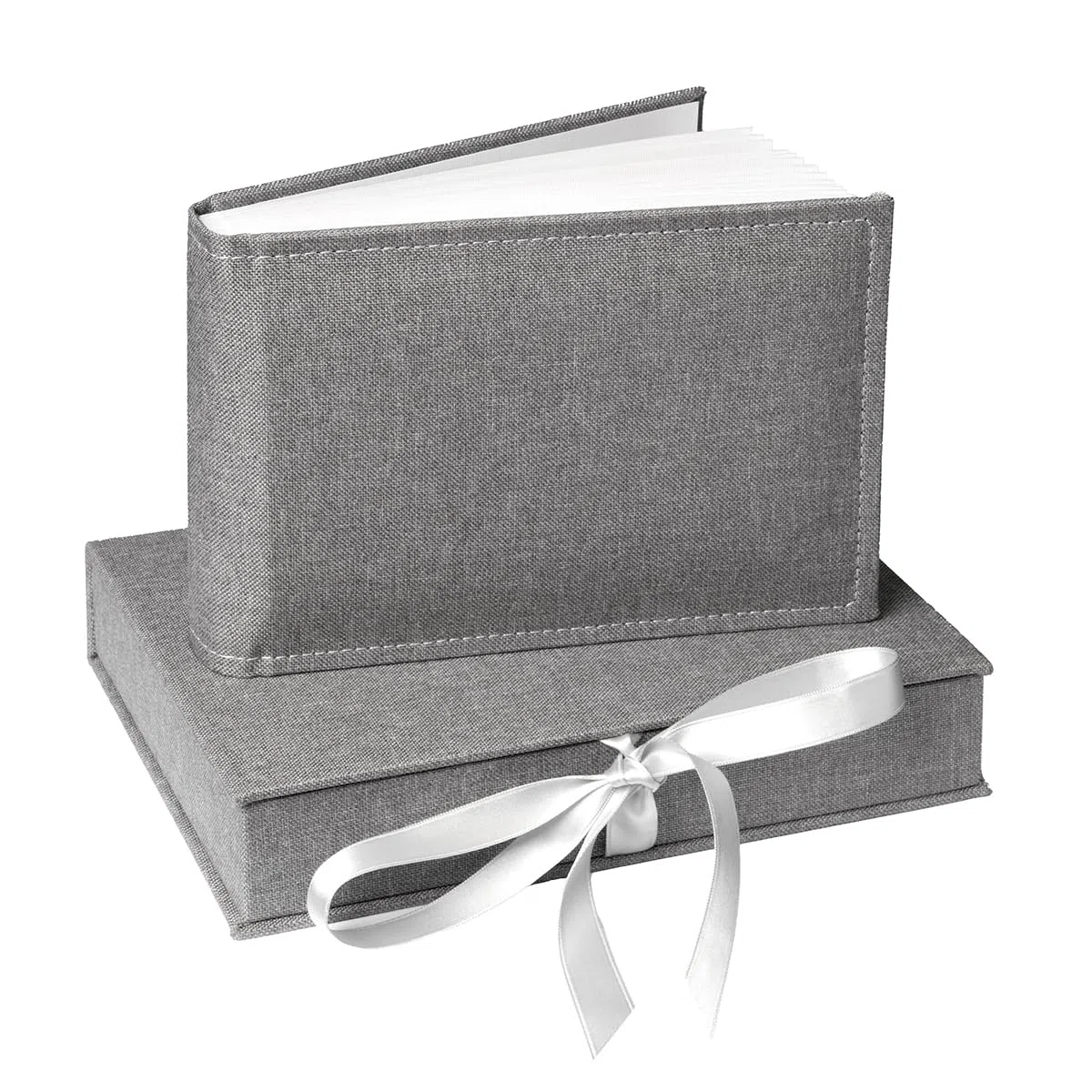 Álbum de fotos de 20 x 15 cm con funda de tela gris, 25 x 20 cm, caja con álbum