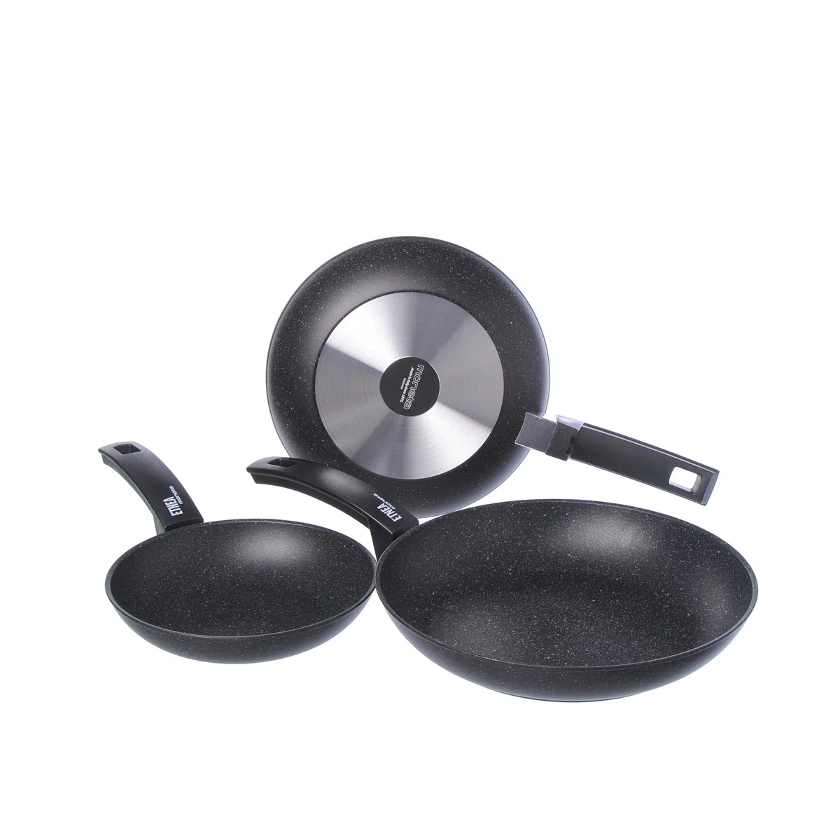 Moneta Etnea Juego de 3 Sartenes, Superficie de Piedra Antiadherente y Revestimiento Antirayadura, Aptas para la Mayoría de las Cocinas, Aptas para el Lavavajillas, Medidas: 20, 24, 28 cm