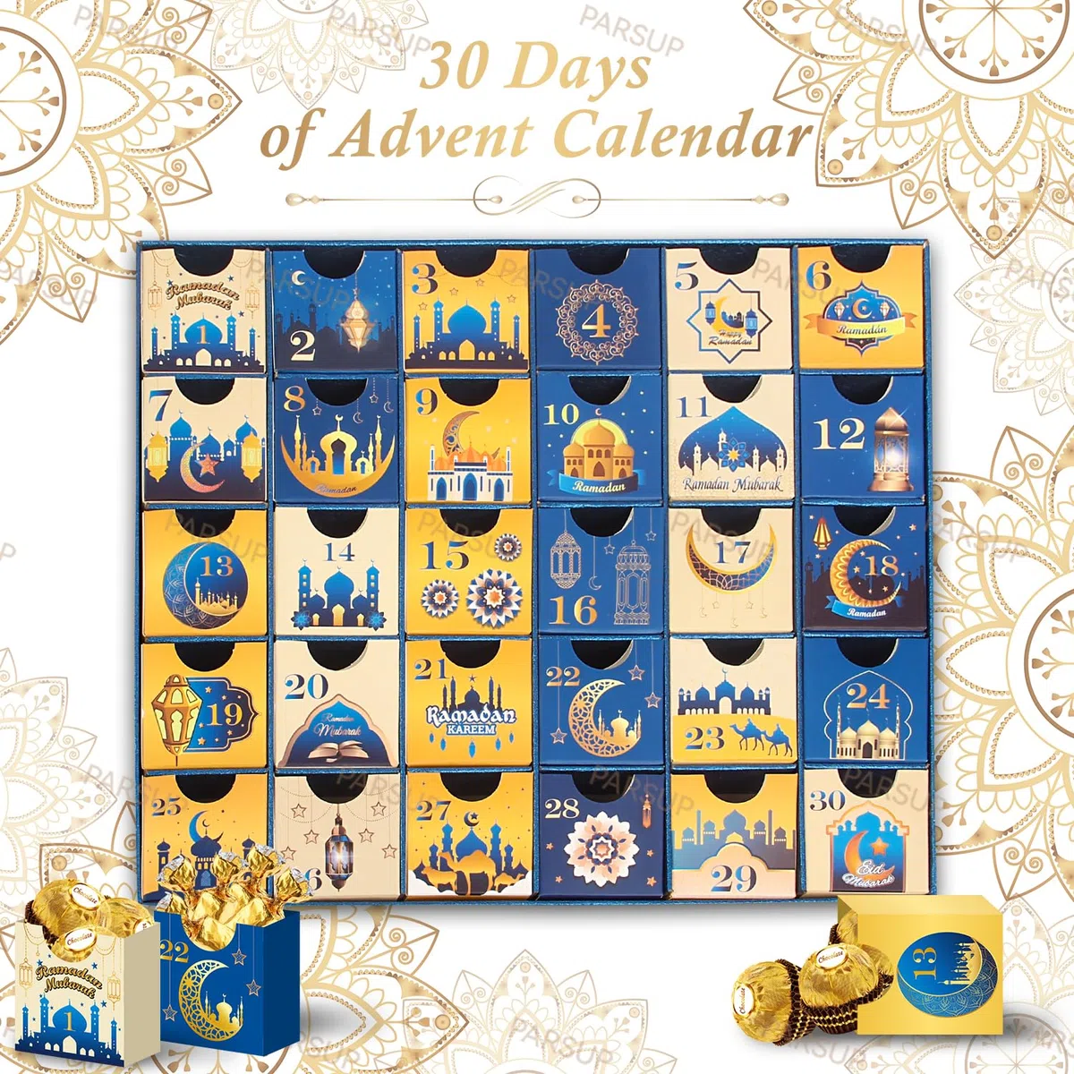 Ramdan Calendario de Adviento 2024, 30 cajas vacías para 30 días, calendario de Coutdown de Eid Mubarak, caja de regalo de Ramadán rellenable, suministros para fiesta de Ramadán Mubarak, color azul